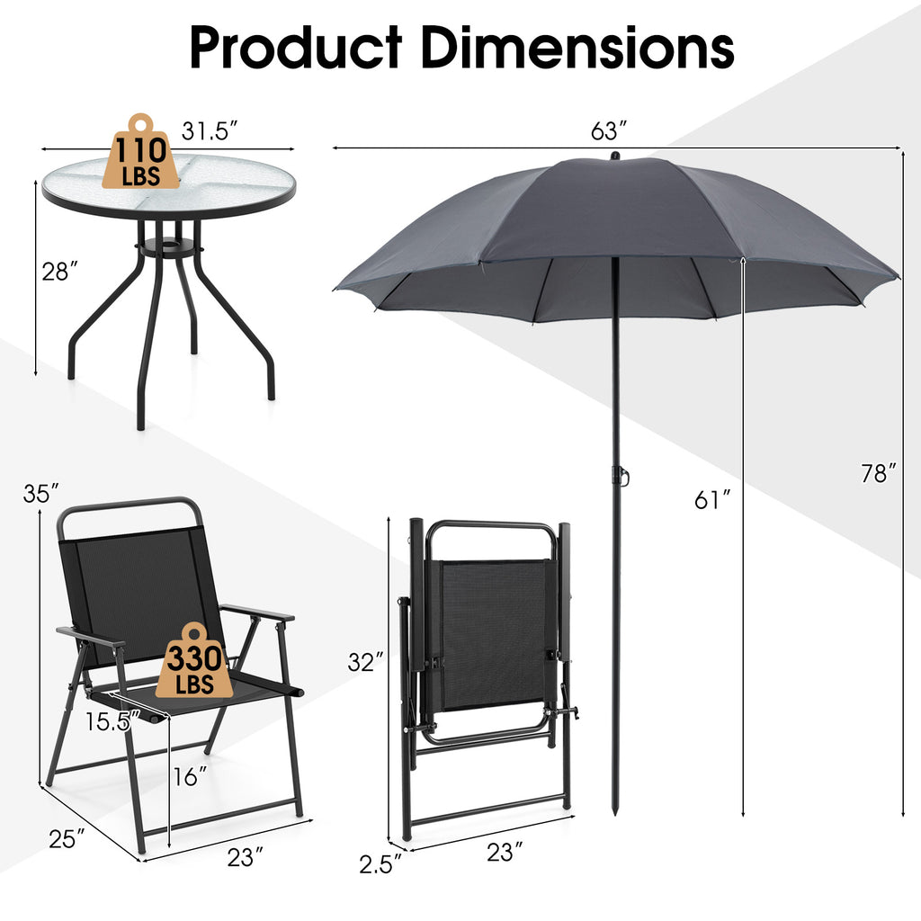 6 Pieces Patio Dining Set Folding Chairs Glass Table Tilt Umbrella