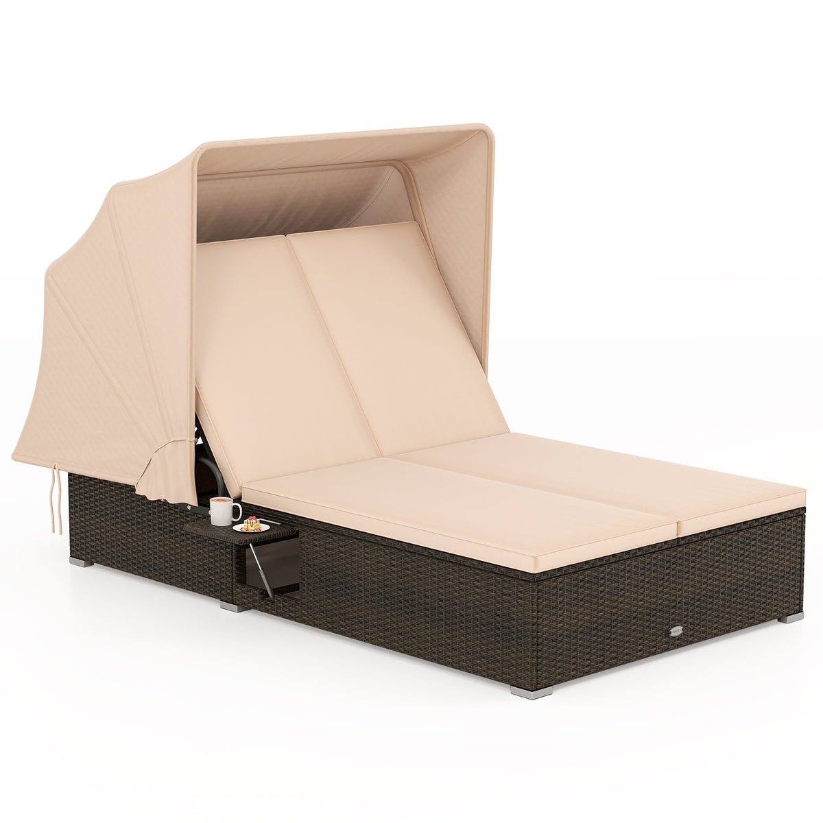 Patio Double Chaise Lounge with Canopy, Cushions & Side Tables - Beige
