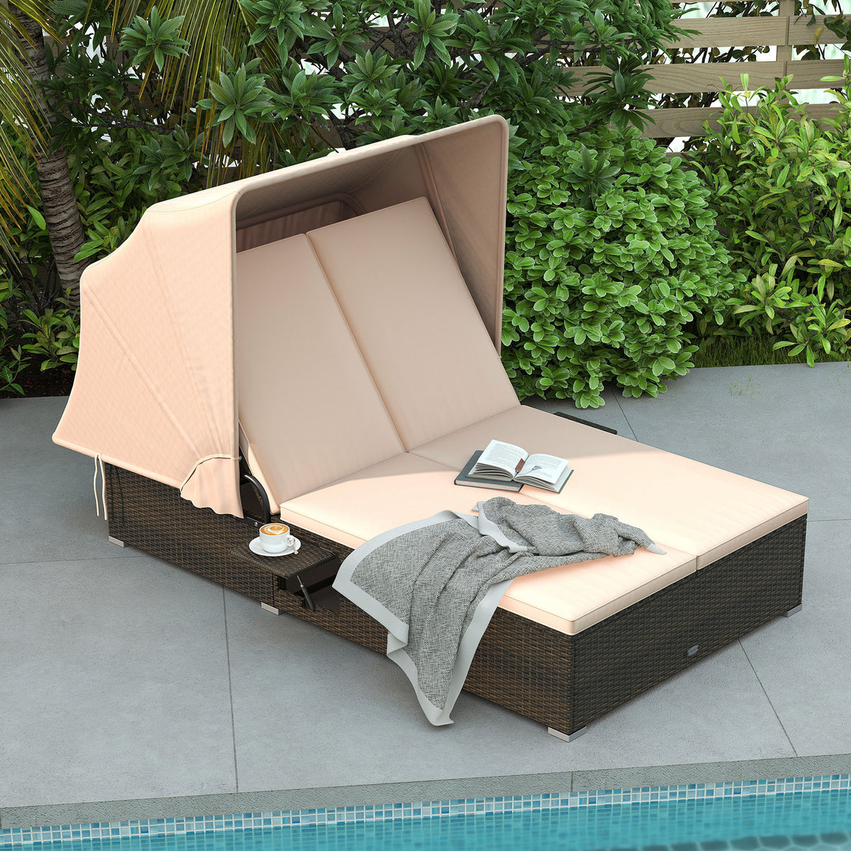 Patio Double Chaise Lounge with Shade Cushions and Folding Side Trays