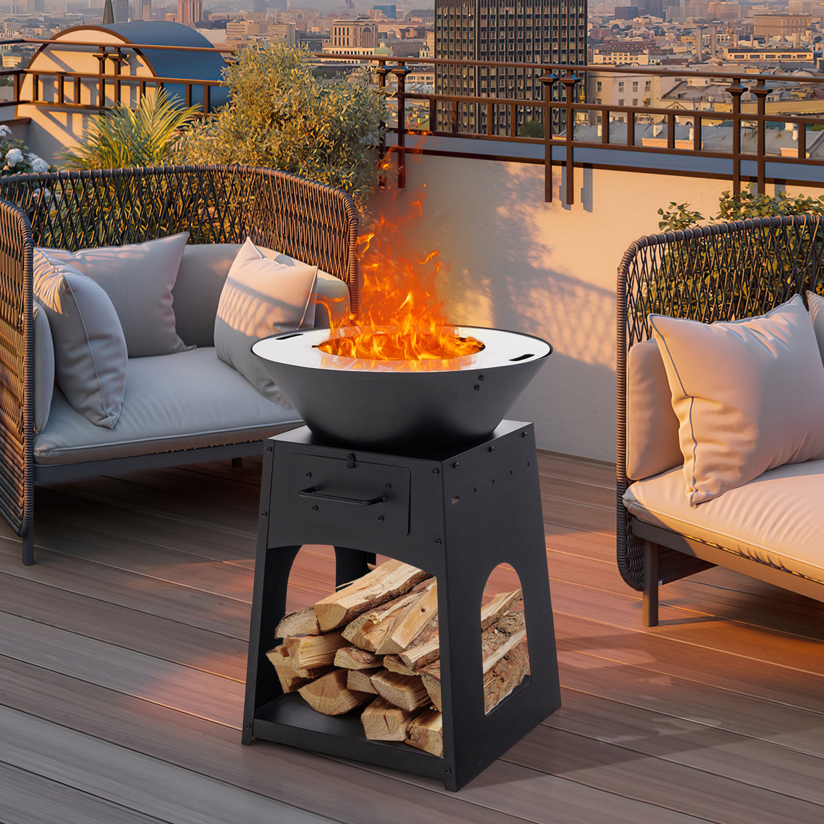 Patio Fire Pit with Firewood Log Rack Grill and Ash Box