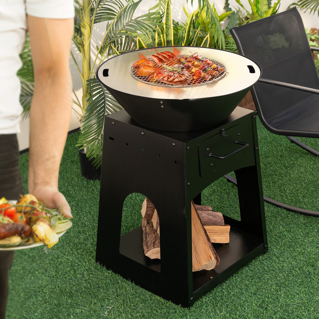 Patio Fire Pit with Firewood Log Rack Grill and Ash Box