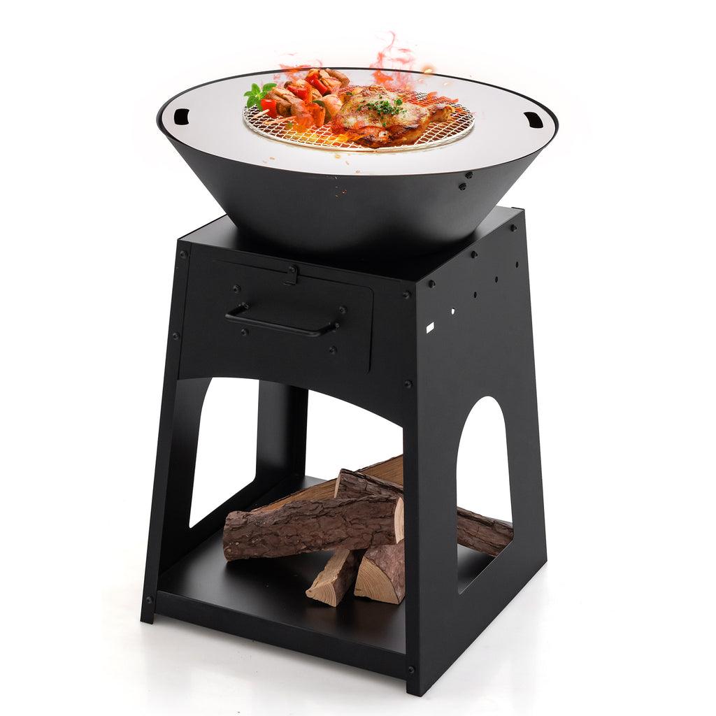 Patio Fire Pit with Firewood Log Rack Grill and Ash Box