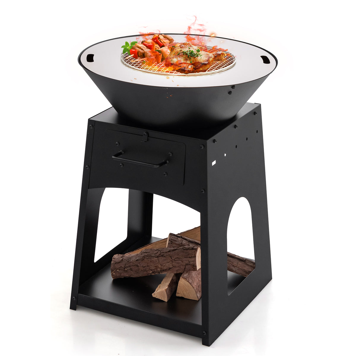 Patio Fire Pit with Firewood Log Rack Grill and Ash Box