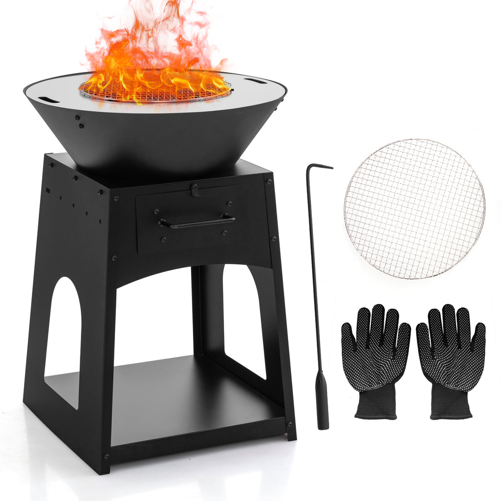 Patio Fire Pit with Firewood Log Rack Grill and Ash Box