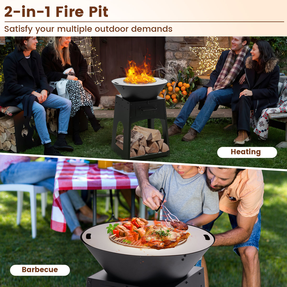 Patio Fire Pit with Firewood Log Rack Grill and Ash Box