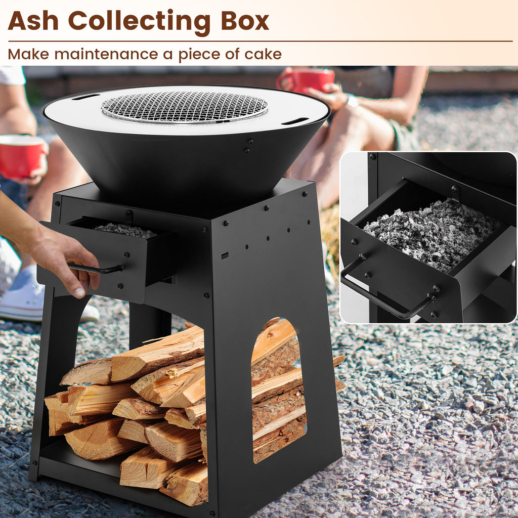Patio Fire Pit with Firewood Log Rack Grill and Ash Box