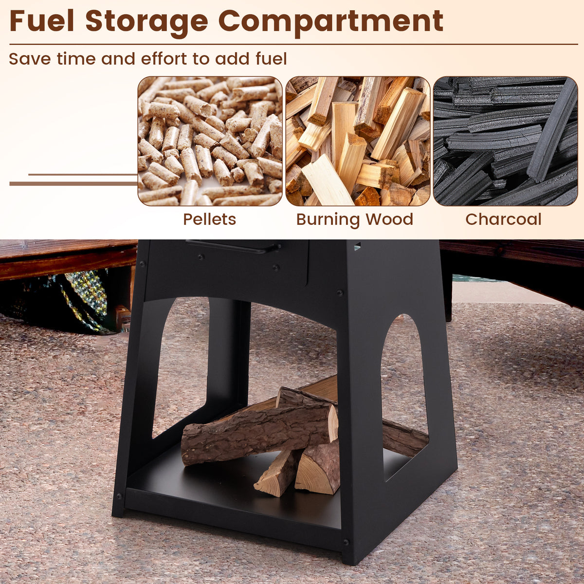 Patio Fire Pit with Firewood Log Rack Grill and Ash Box