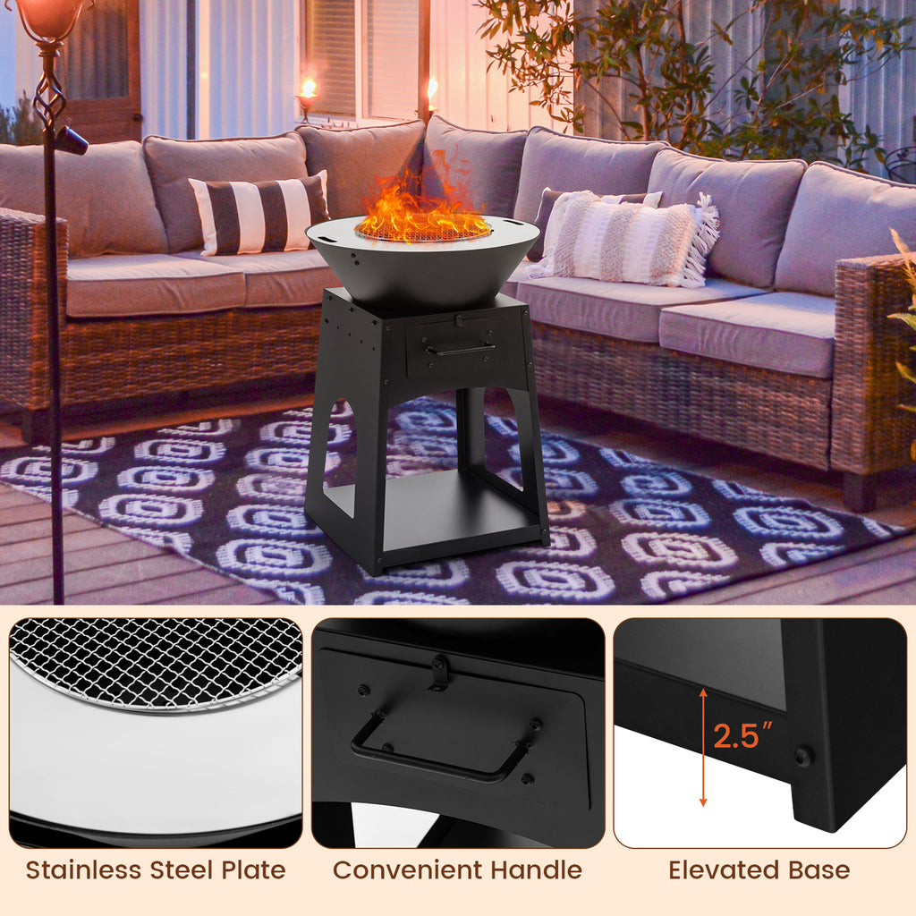 Patio Fire Pit with Firewood Log Rack Grill and Ash Box