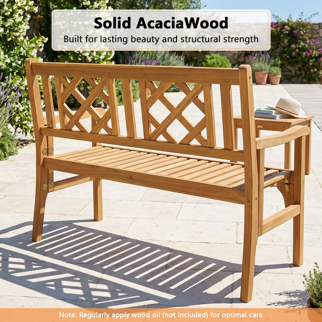 42 Inch Acacia Wood Patio Bench - Foldable with Curved Backrest
