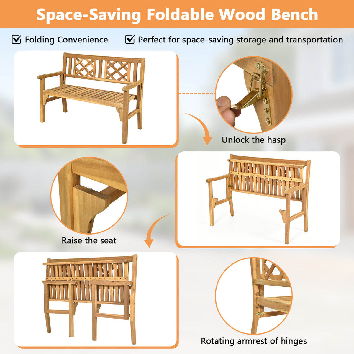 42 Inch Acacia Wood Patio Bench - Foldable with Curved Backrest