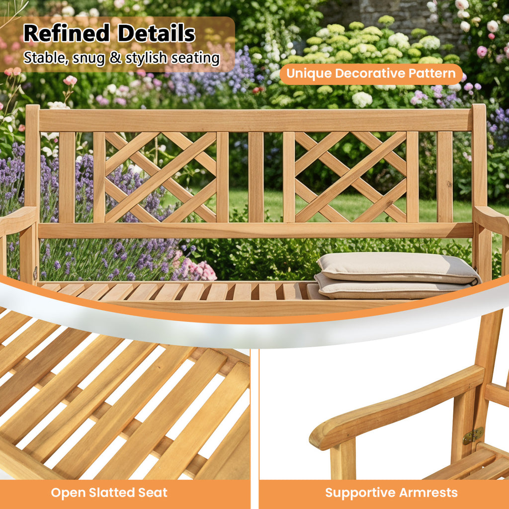 42 Inch Acacia Wood Patio Bench - Foldable with Curved Backrest