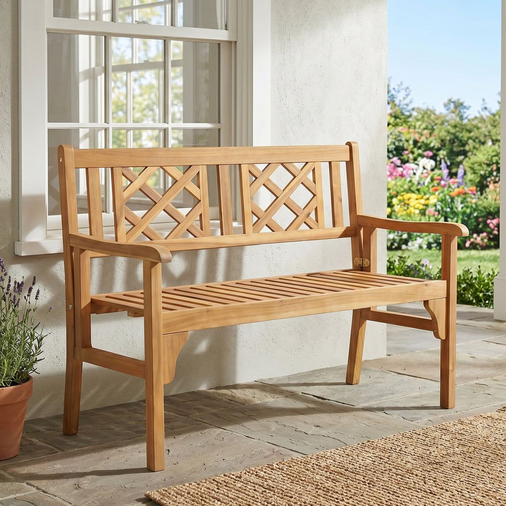42 Inch Acacia Wood Patio Bench - Foldable with Curved Backrest