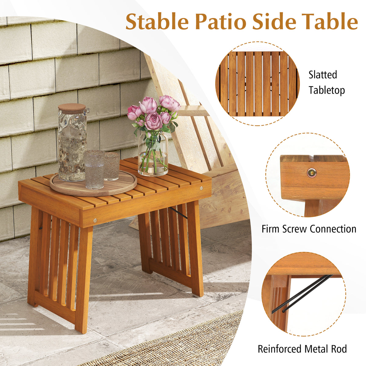 Patio Foldable Side Table with Slatted Tabletop for Backyard