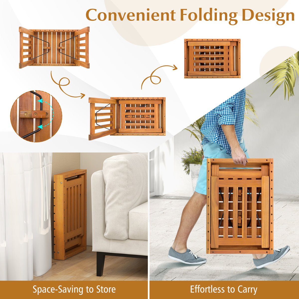 Patio Foldable Side Table with Slatted Tabletop for Backyard