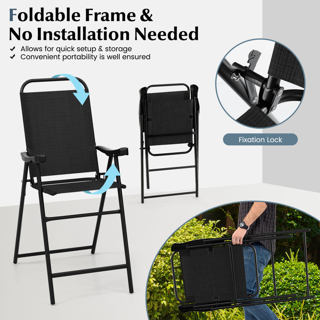 Patio Folding Bar Stool Set of 2 with Metal Frame and Footrest