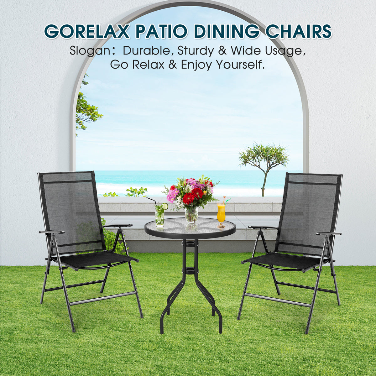 Outdoor Folding Dining Chair Set of 2, Adjustable Recliner - Black