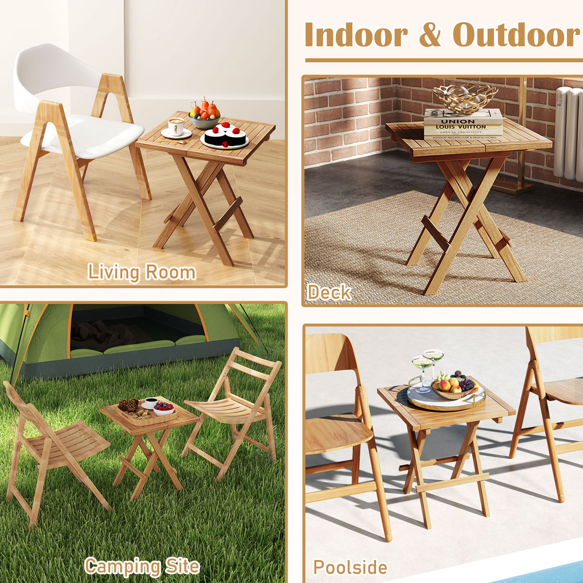 Patio Folding Side Table with X-shaped Legs and Slatted Tabletop