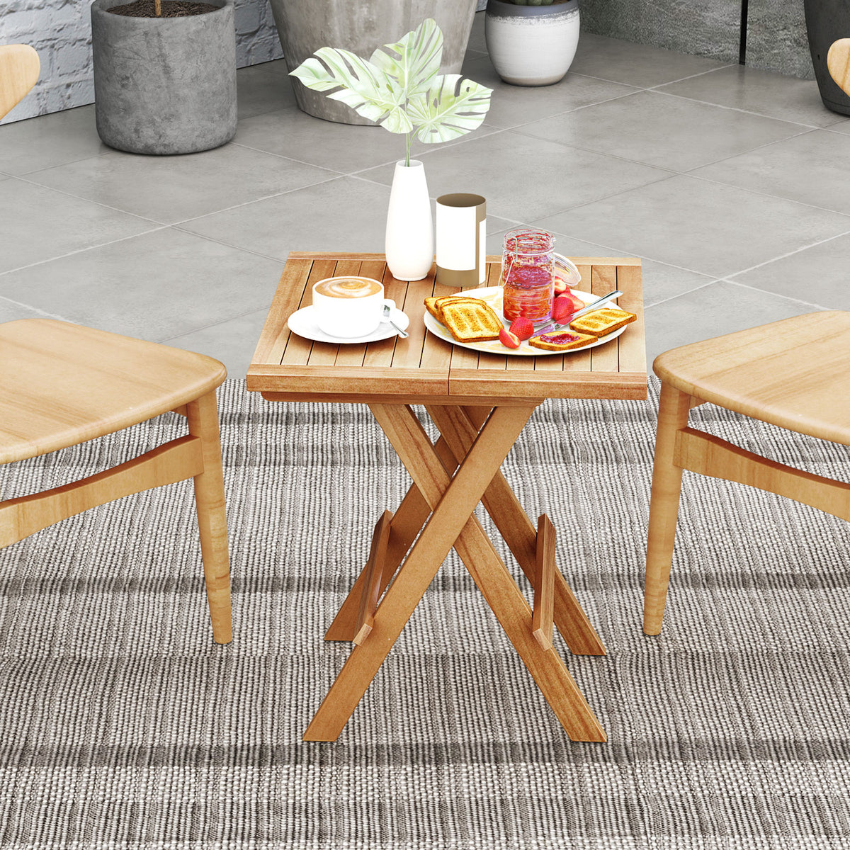 Patio Folding Side Table with X-shaped Legs and Slatted Tabletop