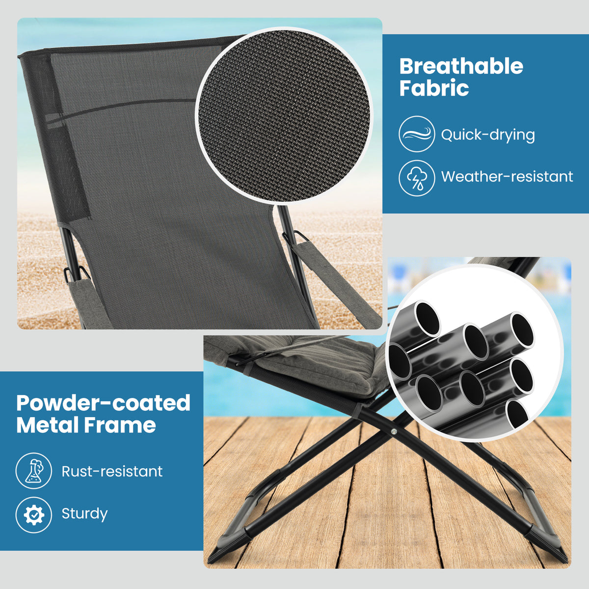 Patio Folding Sling Chair with Ottoman Footrest and Removable Cushion