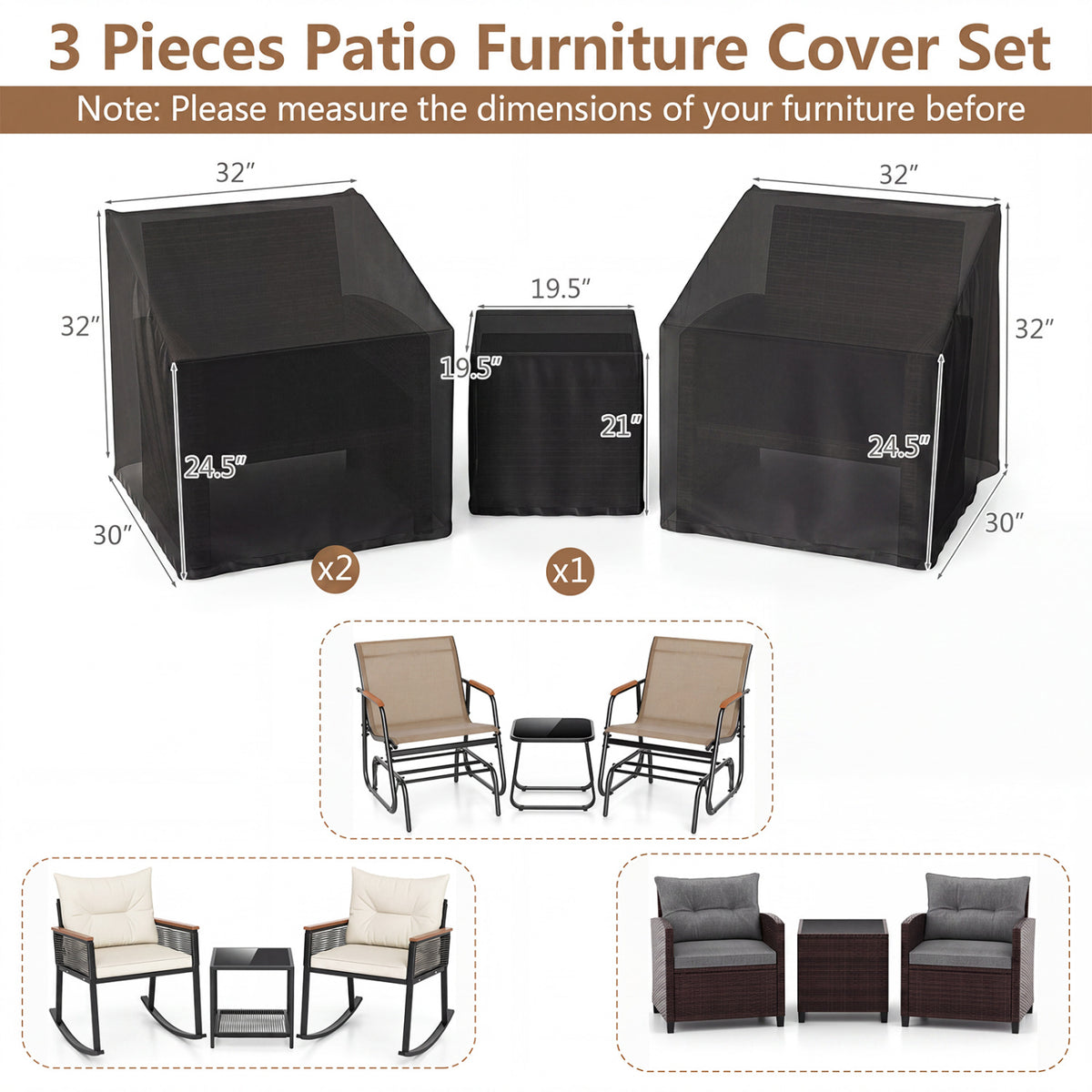 Patio Furniture Covers Waterproof 3-Piece Bistro Set - Black