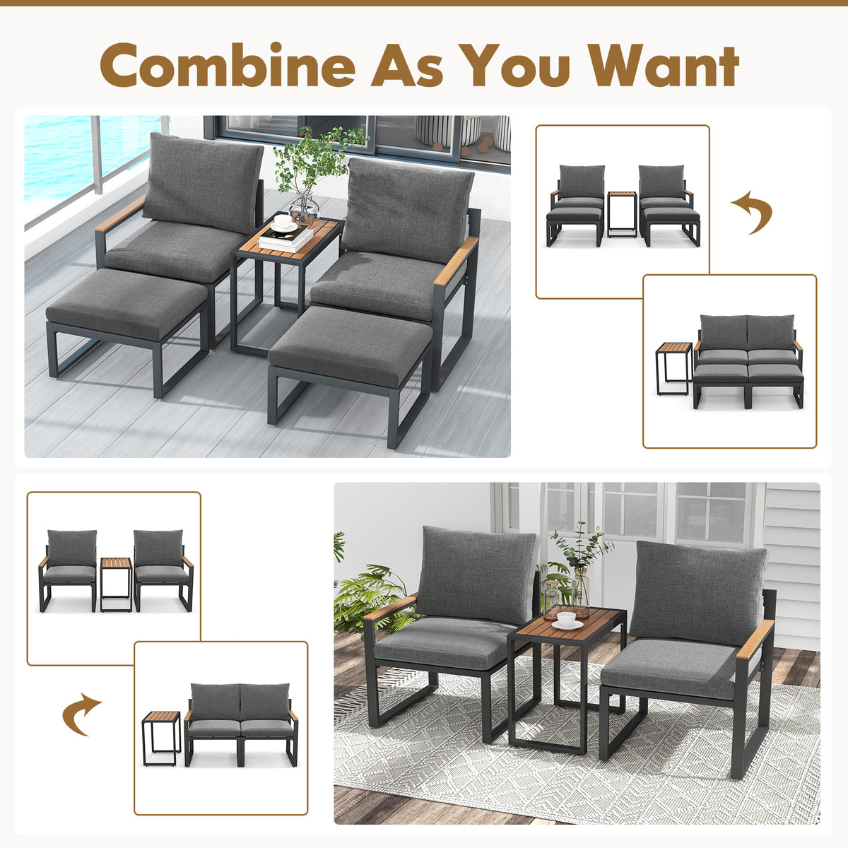 5 Pieces Aluminum Frame Weatherproof Outdoor Conversation Set with