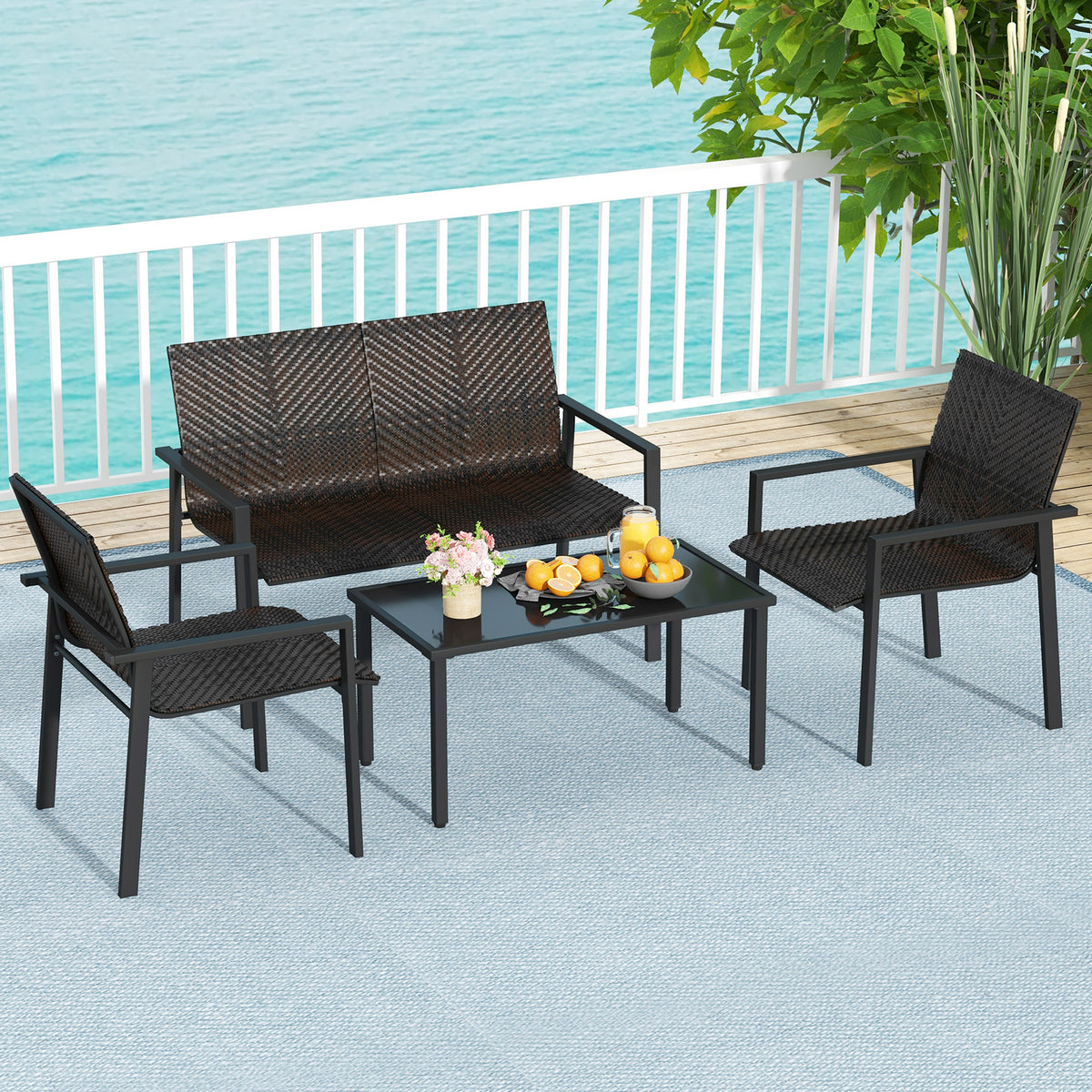 4-Piece Patio Furniture Set with Rattan & Glass Table - Brown