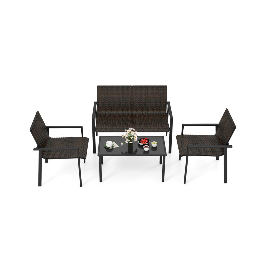 4-Piece Patio Furniture Set with Rattan & Glass Table - Brown