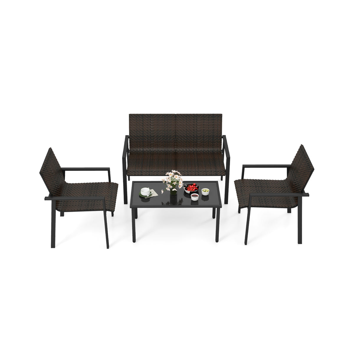 4-Piece Patio Furniture Set with Rattan & Glass Table - Brown
