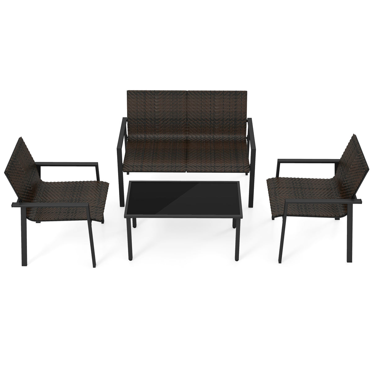 4-Piece Patio Furniture Set with Rattan & Glass Table - Brown