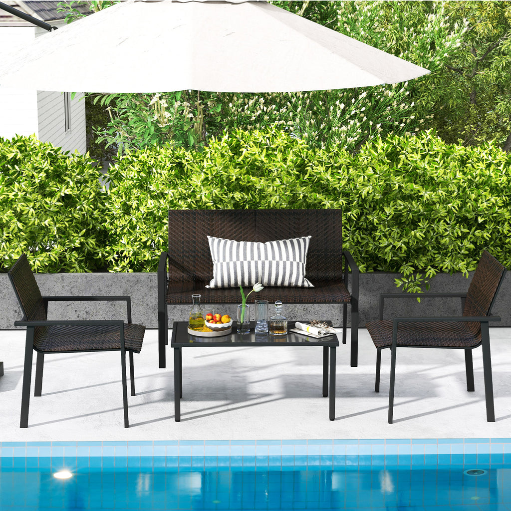 4-Piece Patio Furniture Set with Rattan & Glass Table - Brown