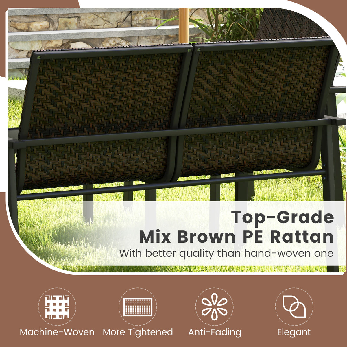 4-Piece Patio Furniture Set with Rattan & Glass Table - Brown