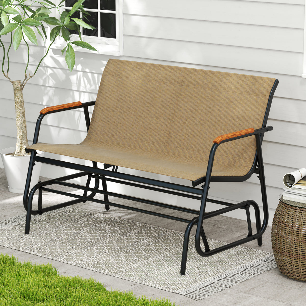 Patio Glider Bench Teak Armrests 2-Person - 45 Inch, Brown
