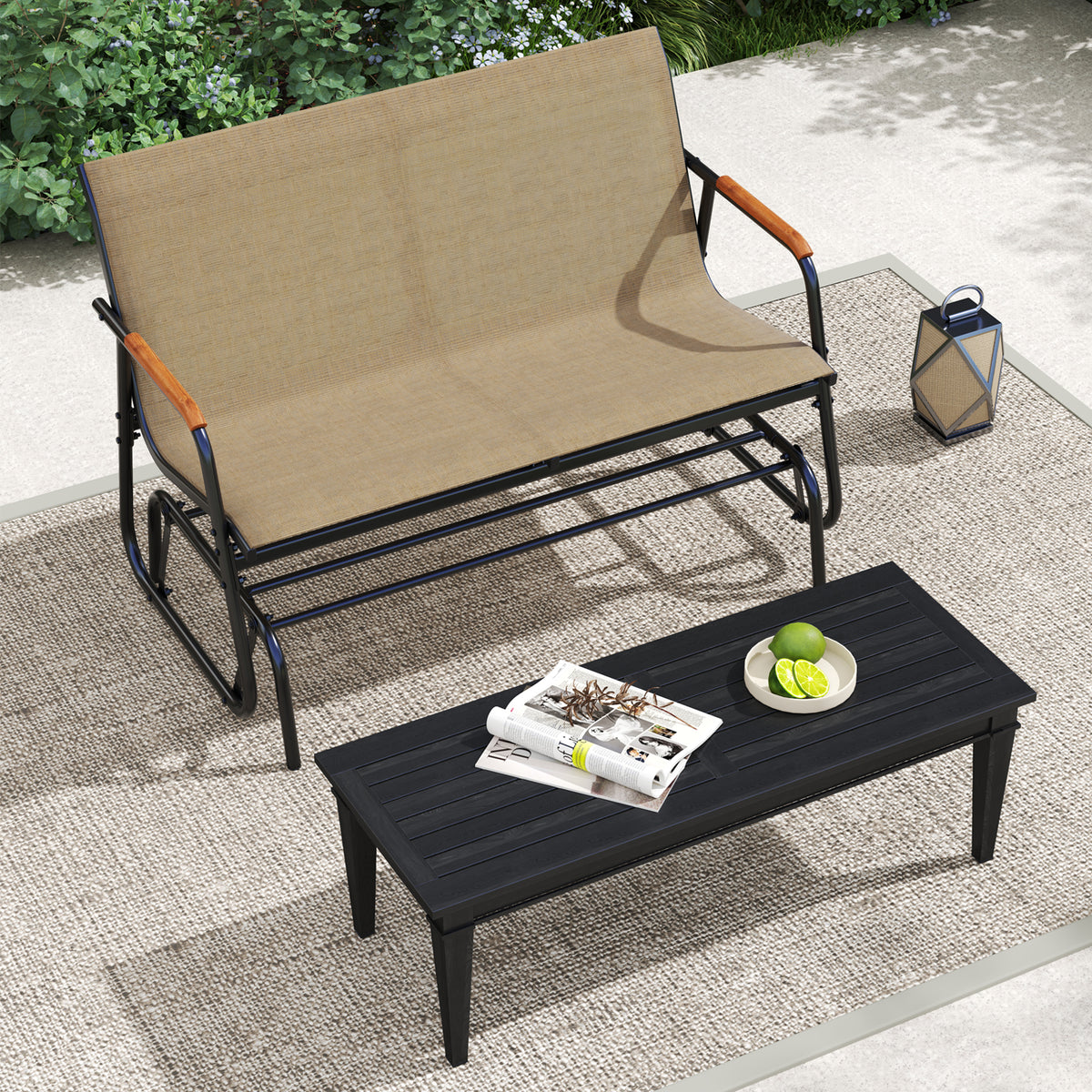 Patio Glider Bench Teak Armrests 2-Person - 45 Inch, Brown