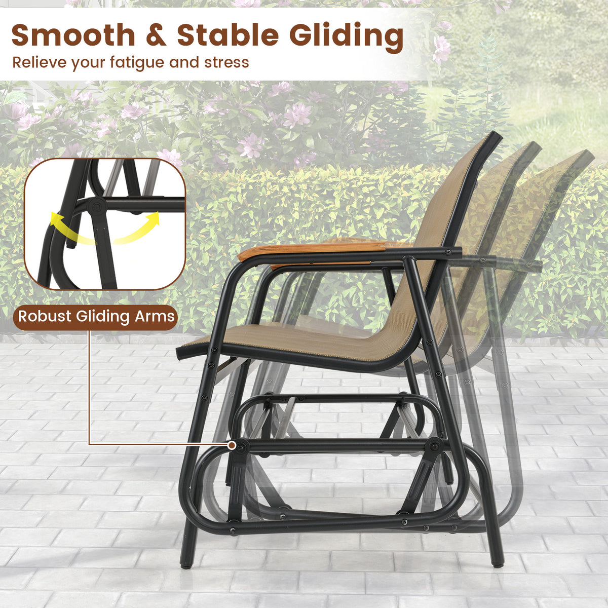 Patio Glider Bench Teak Armrests 2-Person - 45 Inch, Brown