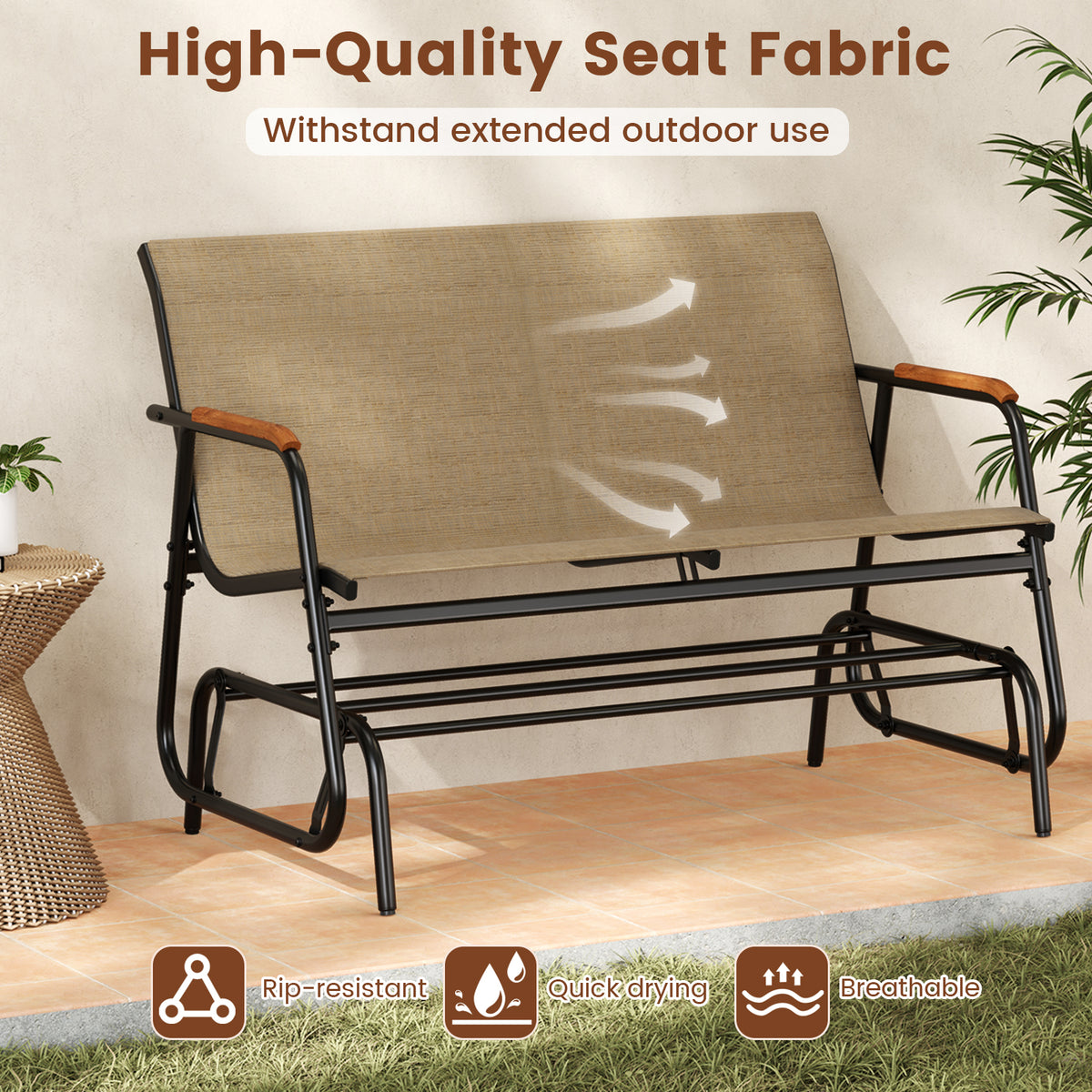 Patio Glider Bench Teak Armrests 2-Person - 45 Inch, Brown