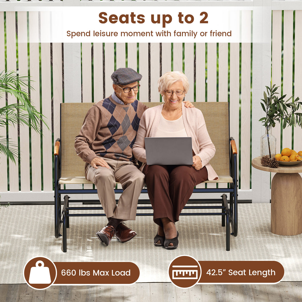 Patio Glider Bench Teak Armrests 2-Person - 45 Inch, Brown