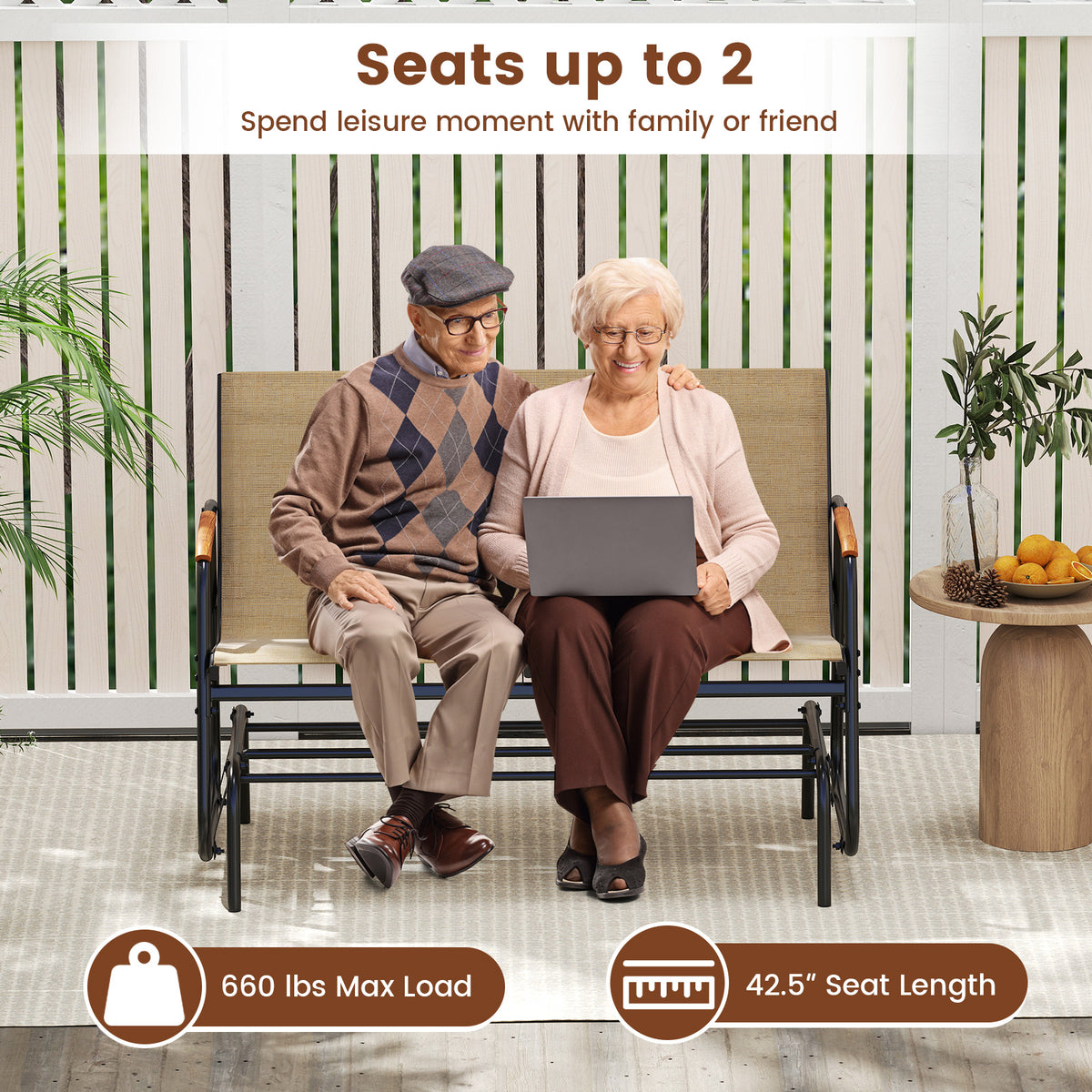 Patio Glider Bench Teak Armrests 2-Person - 45 Inch, Brown