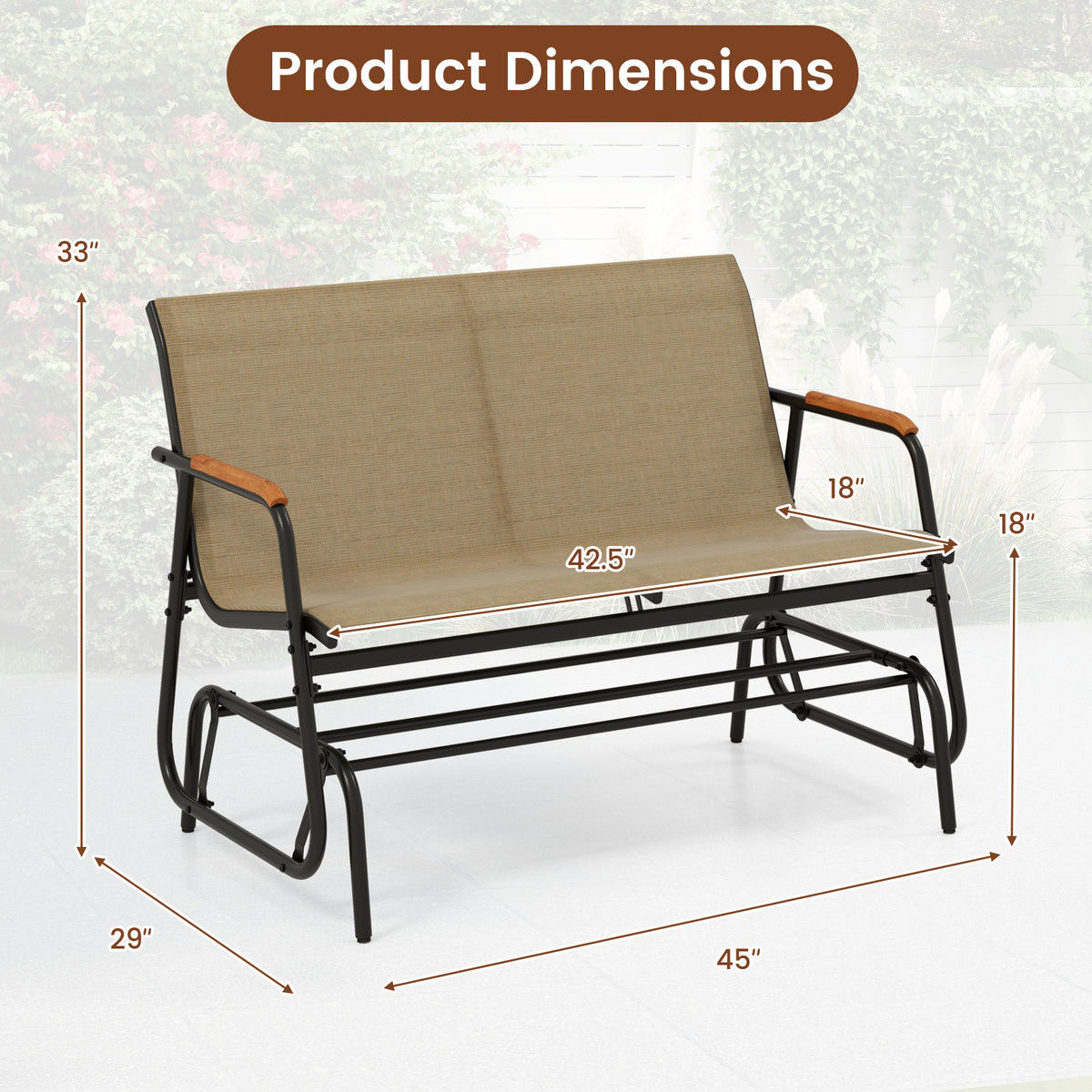 Patio Glider Bench Teak Armrests 2-Person - 45 Inch, Brown