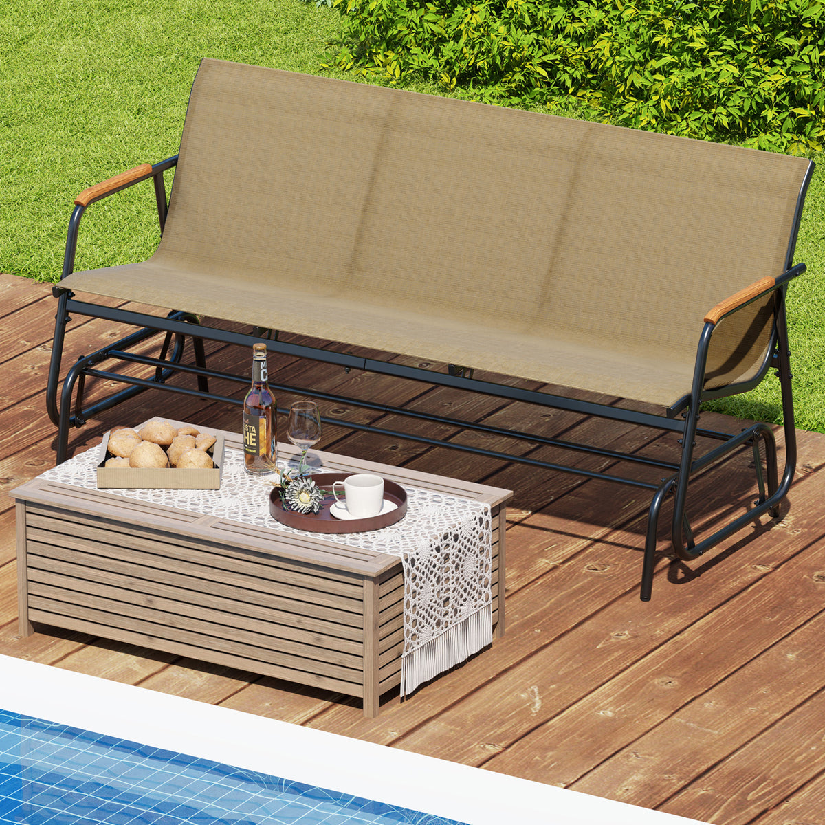 Patio Glider Bench with Curved Teak Armrests and Breathable Fabric