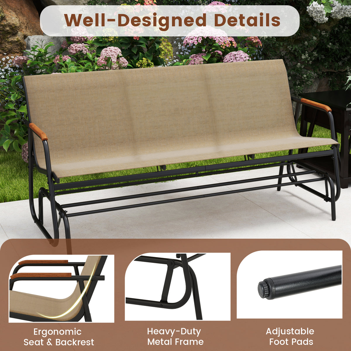 Patio Glider Bench with Curved Teak Armrests and Breathable Fabric