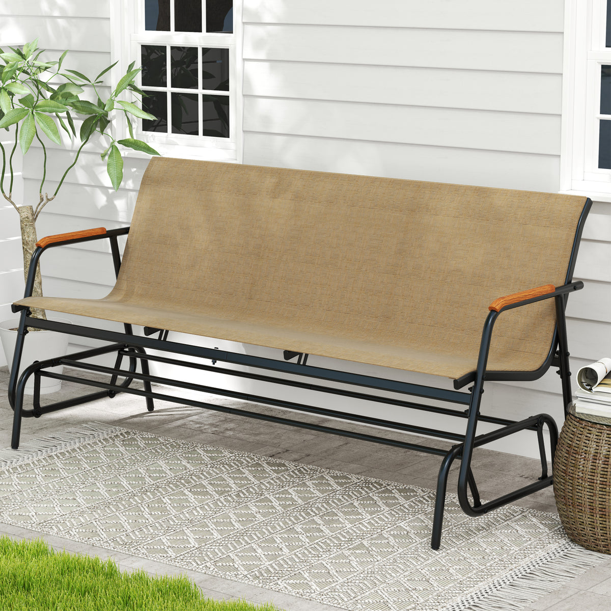 Patio Glider Bench with Curved Teak Armrests and Breathable Fabric