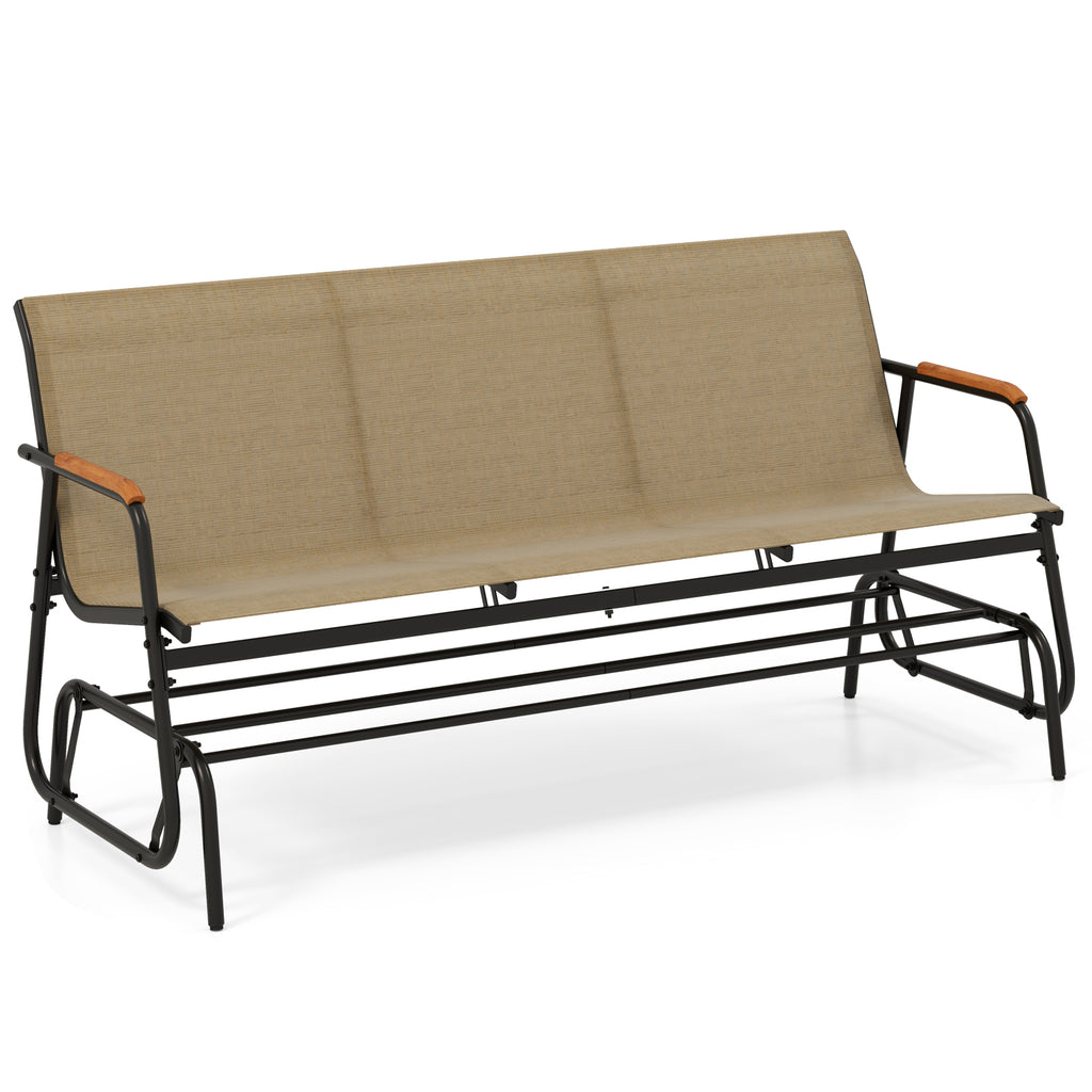Patio Glider Bench with Curved Teak Armrests and Breathable Fabric
