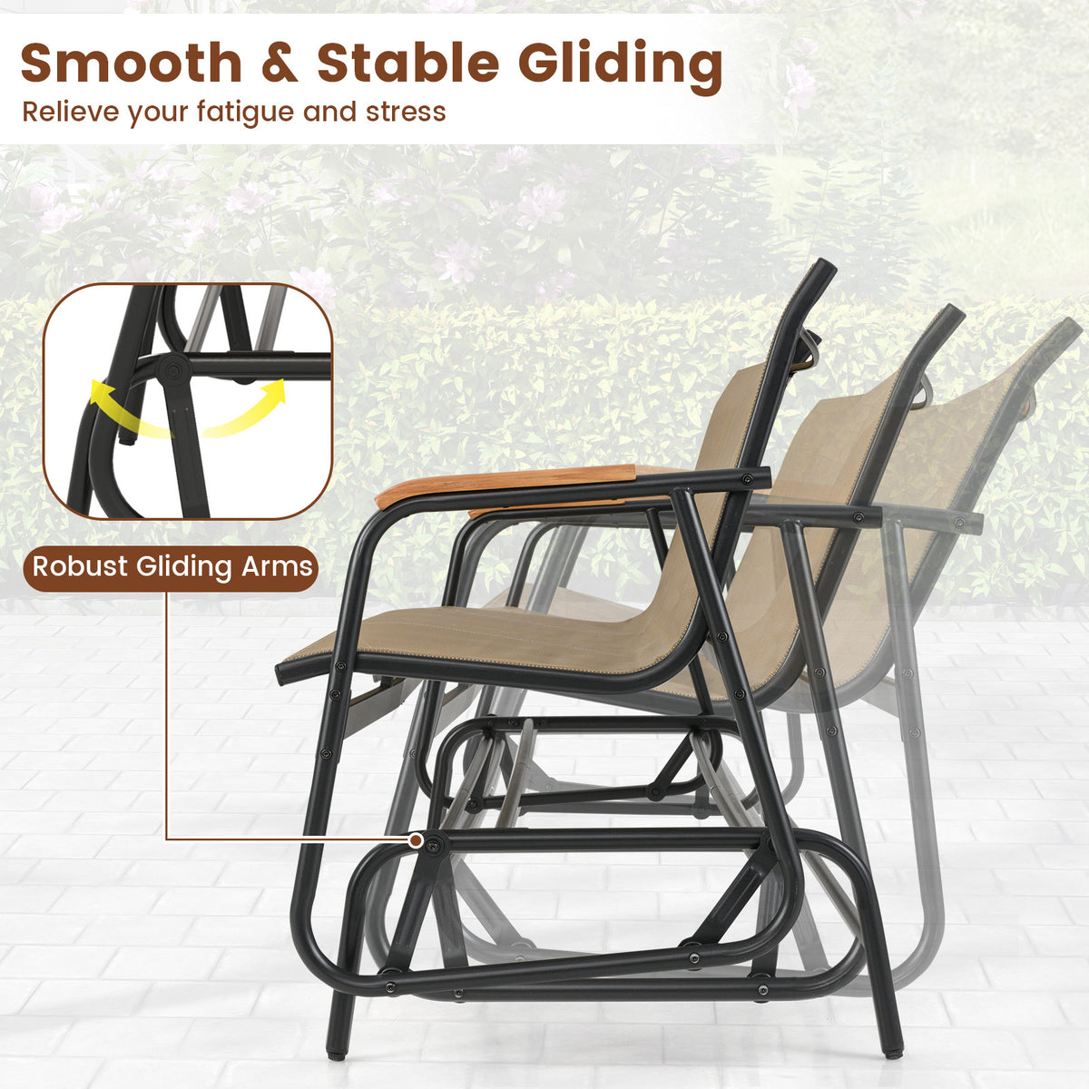 Patio Glider Bench with Curved Teak Armrests and Breathable Fabric