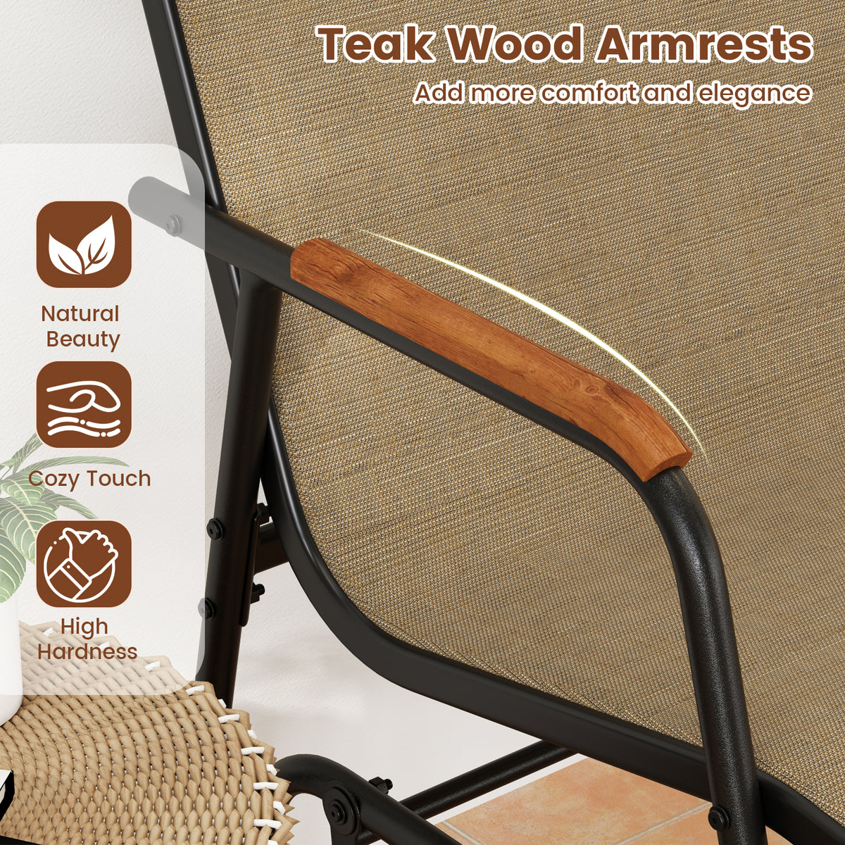 Patio Glider Bench with Curved Teak Armrests and Breathable Fabric