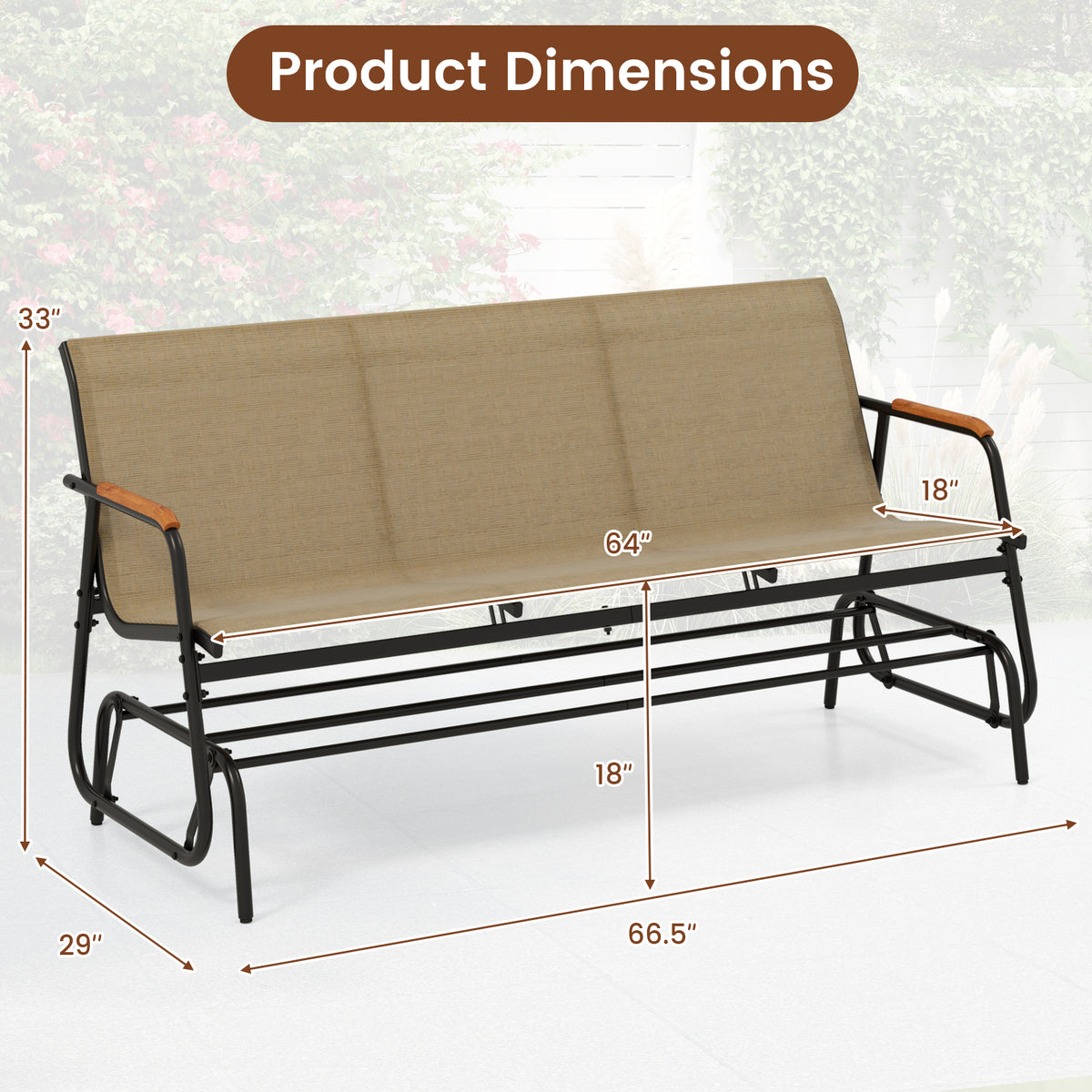 Patio Glider Bench with Curved Teak Armrests and Breathable Fabric