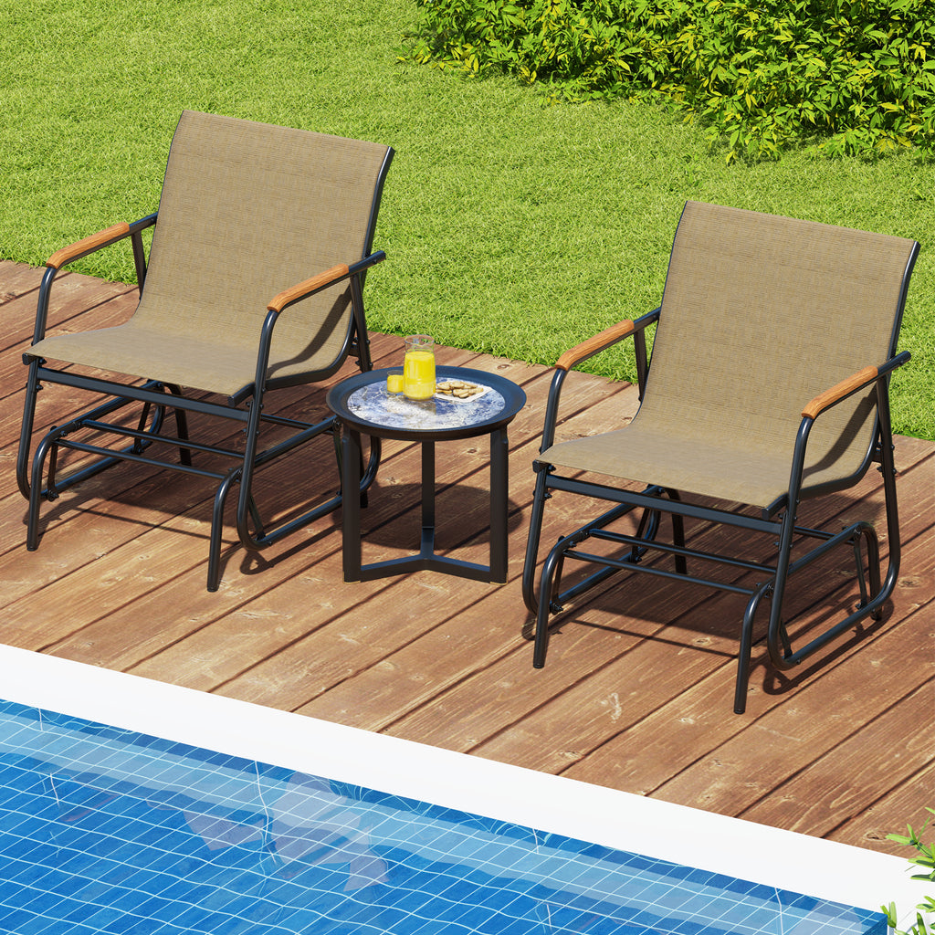 Patio Glider Chair Set of 2 with Curved Teak Armrests and Breathable