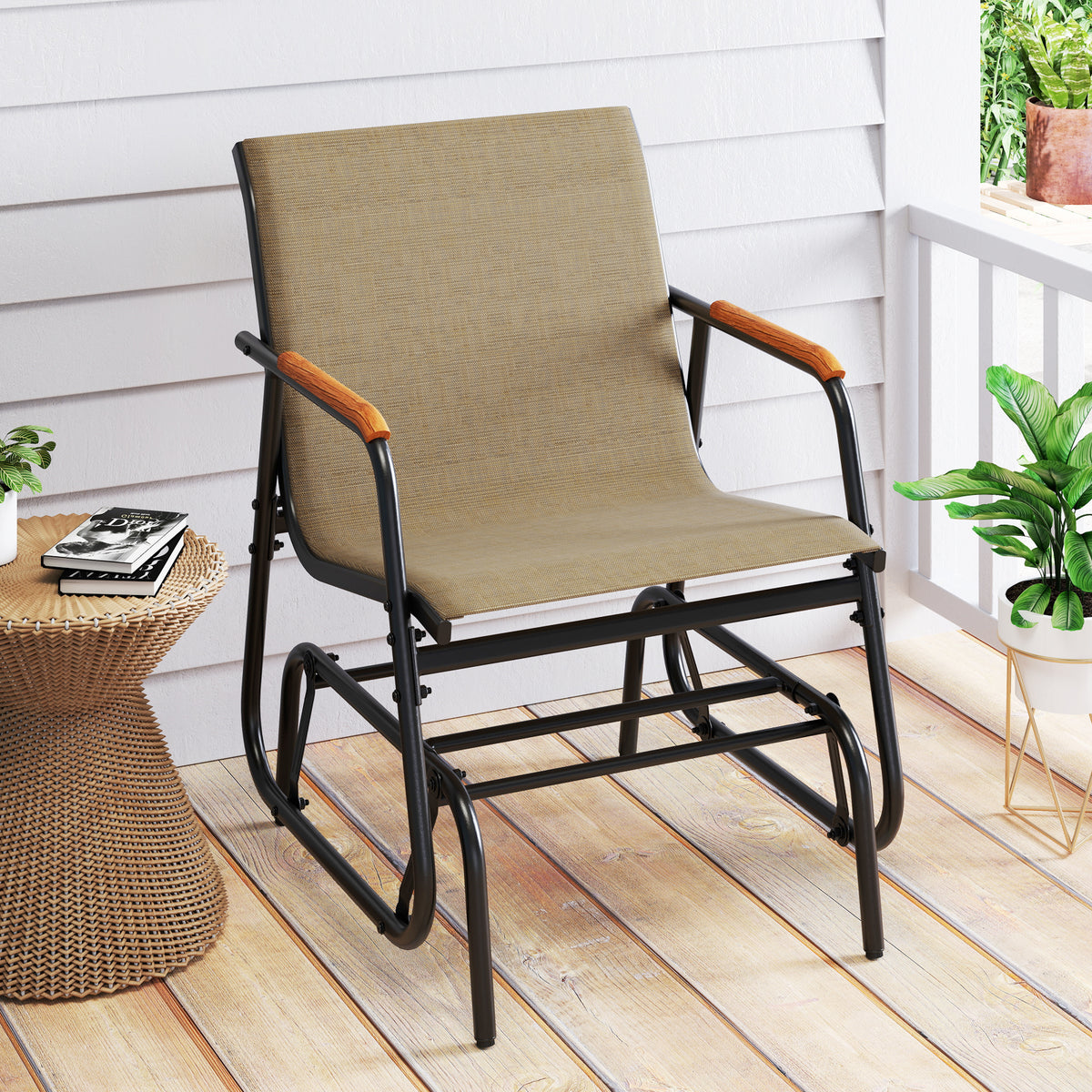 Patio Glider Chair Set of 2 with Curved Teak Armrests and Breathable