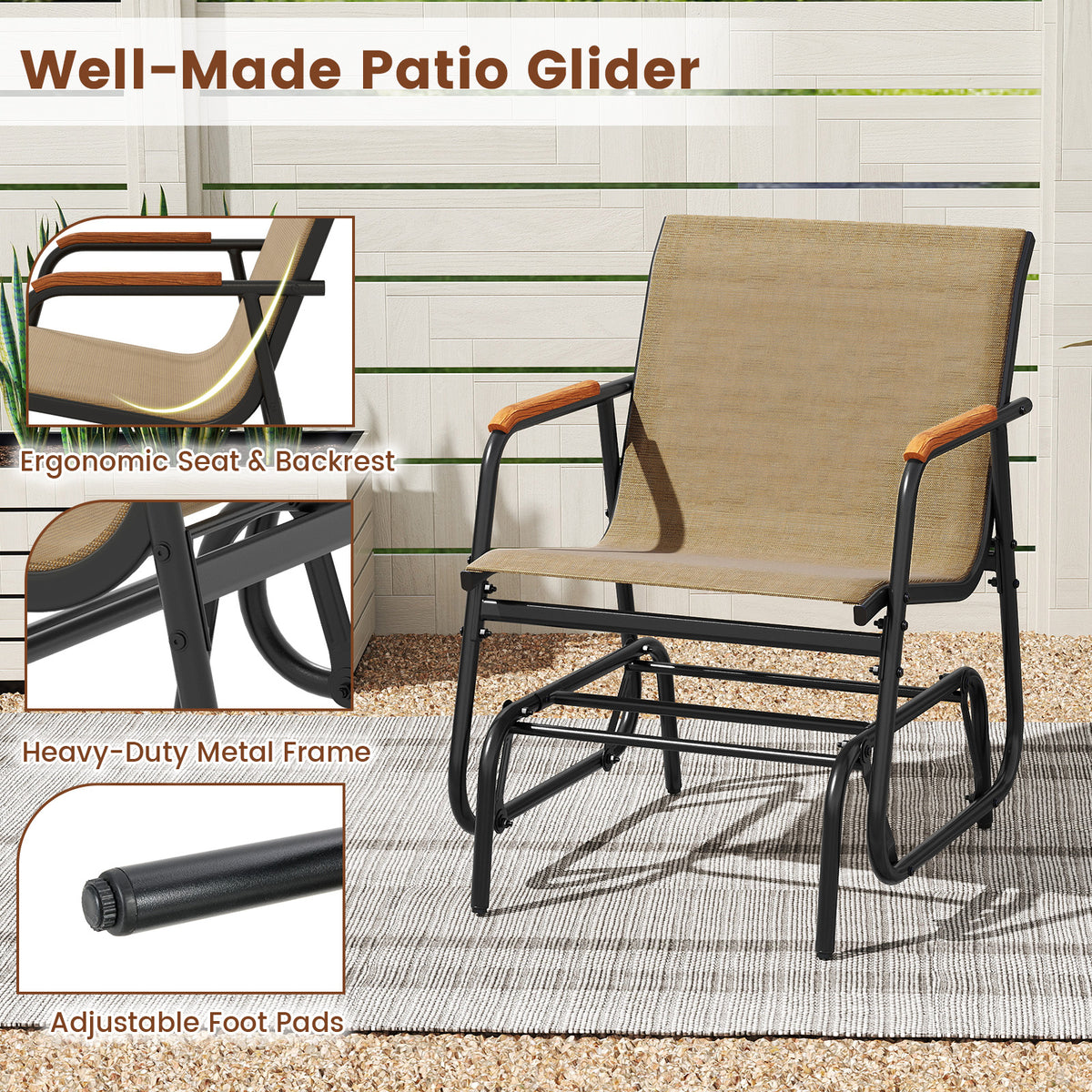 Patio Glider Chair Set of 2 with Curved Teak Armrests and Breathable