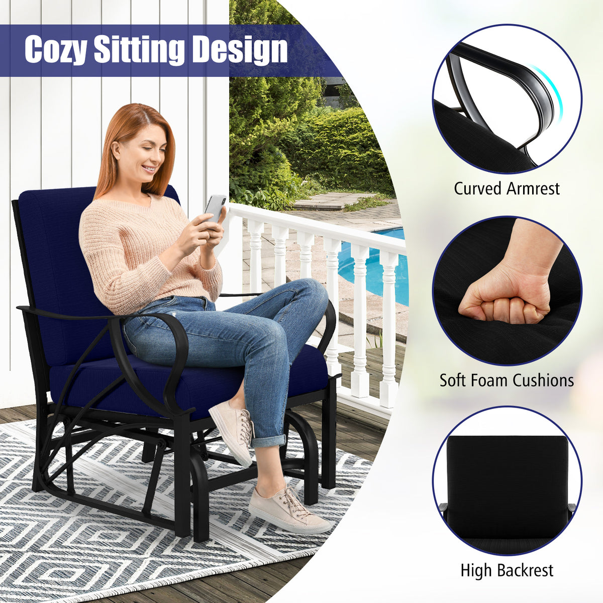 Patio Glider Rocking Chair with Cushion – Navy