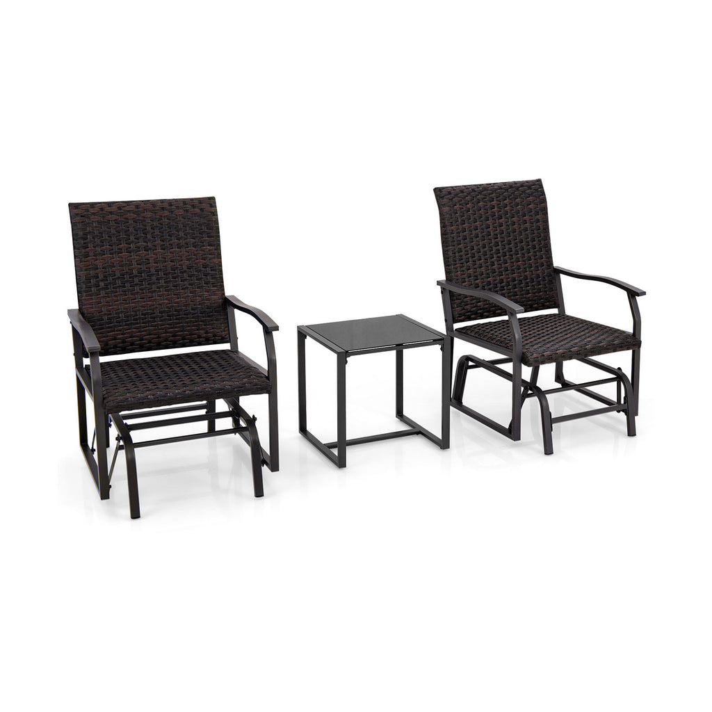 3-Piece Patio Gliding Set with Tempered Glass Coffee Table - Brown